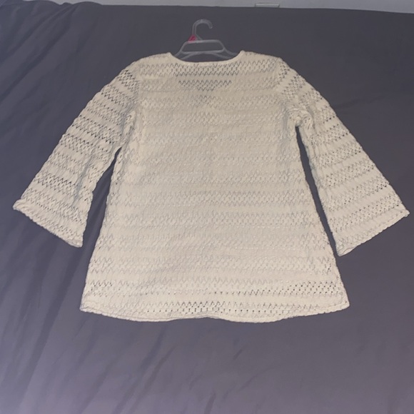 Ivory White Crochet Boho Bell-Sleeved Notch-Neck Flare Krazy Kat Tunic sz M - Picture 8 of 16